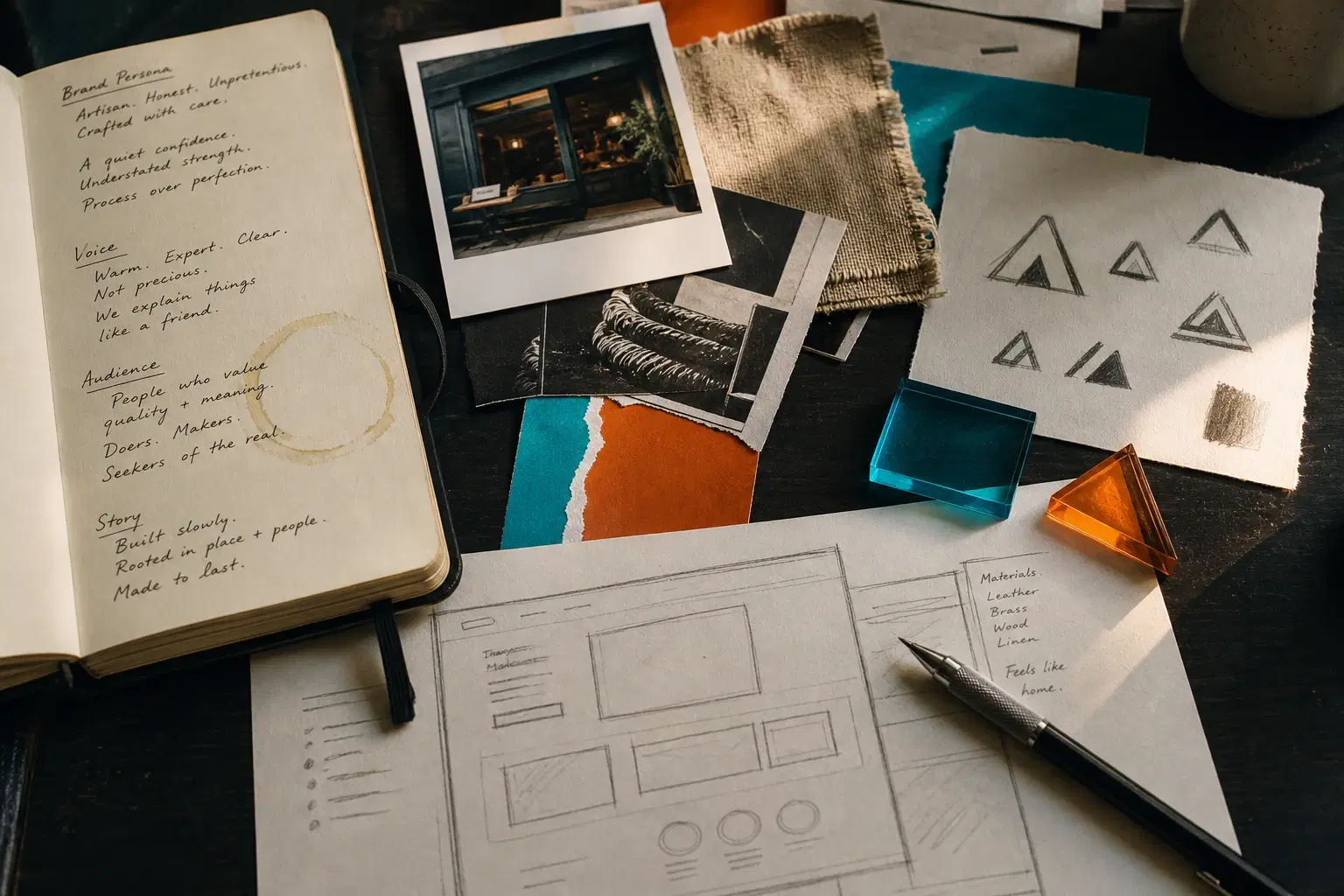 Brand discovery materials — handwritten notes, moodboard, and sketches unique to a client